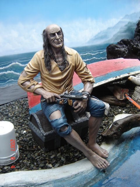 1993 Ford Bronco - A pirate figure, complete with pistol and tattered clothing, is seated on a treasure chest with a backdrop of a stormy sea.