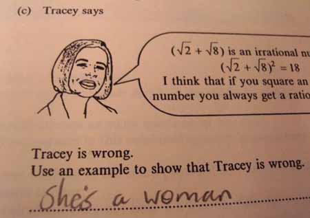 1991 Ford Bronco - A math problem asks to prove Tracey wrong, and the answer provided is 'she's a woman'.