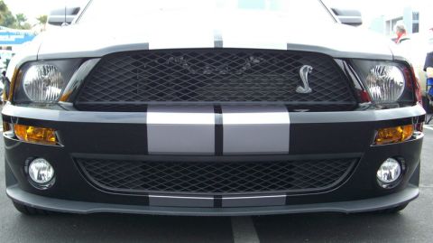 1990 Ford Probe - Front grille and headlights of a Ford Mustang Shelby GT500, showing racing stripes and the iconic cobra emblem.
