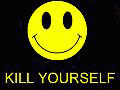 1989 Ford Bronco - A yellow smiley face with the words 'KILL YOURSELF' below it on a black background.