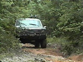1980 Ford Bronco - A white SUV navigates a wooded trail, with a 'SuperMotors' watermark visible.