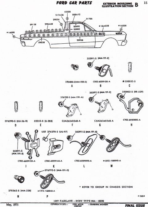 1967 Ford Ranchero - Ford exterior moulding illustration for a 1967 Fairlane showing clips, retainers and fasteners with their part numbers.