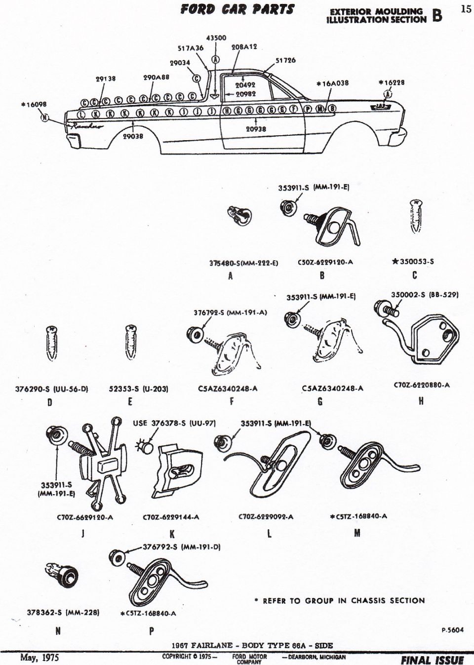 1967 Fairlane exterior moulding parts illustration with clips and fasteners and part numbers