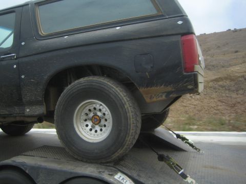 1990 Ford Bronco - Close-up of a muddy black SUV's rear quarter and white off-road wheel as it sits strapped to a trailer.