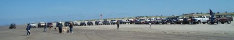 1996 Ford Bronco - Multiple SUVs and trucks are parked in a line on a sandy beach under a clear blue sky.