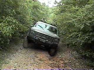 1980 Ford Bronco - This 1980 Ford Bronco navigates a rough, wooded path, its front grille and off-road capabilities.