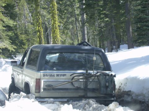 1986 Ford Bronco - This 1986 Ford Bronco is stuck in deep snow, displaying a humorous bumper sticker.