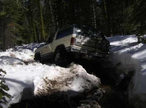 1986 Ford Bronco - Ford Bronco driving through a snowy path in a forest.