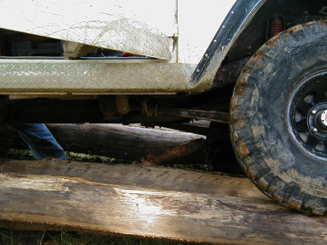 Side view of a white SUV's fender and off-road tire, resting on logs