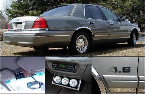 1999 Ford Crown Victoria - Four-panel collage of a champagne/pewter Ford Crown Victoria sedan: a large rear three-quarter shot on grass by evergreens with chrome body…