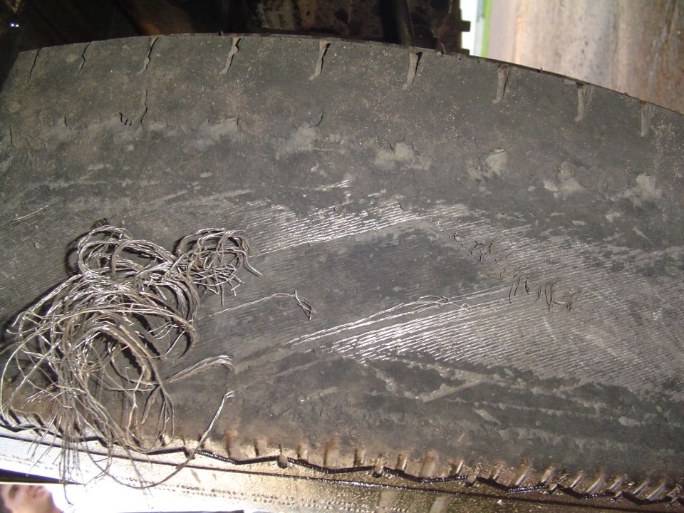 Tangled wires on a worn tire