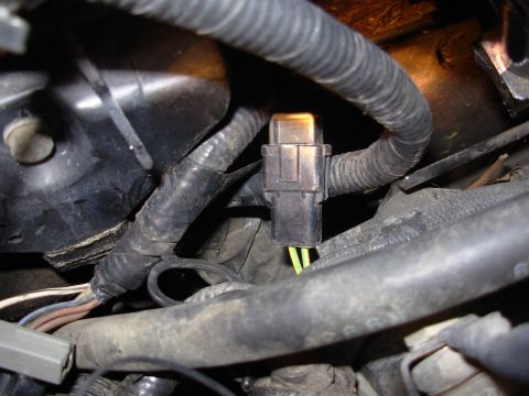 1995 Ford Taurus - Close-up view of an engine wiring harness connector with two yellow wires visible.