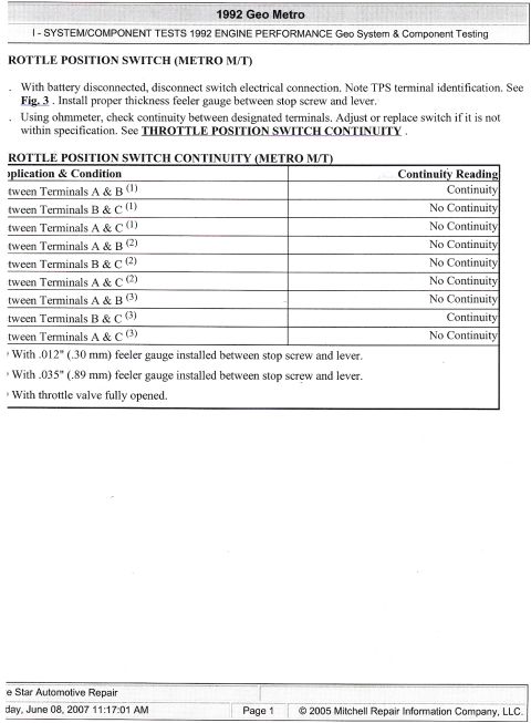 2000 Ford E350 - This document outlines the testing procedure and continuity readings for the throttle position switch on a 1992 Geo Metro.