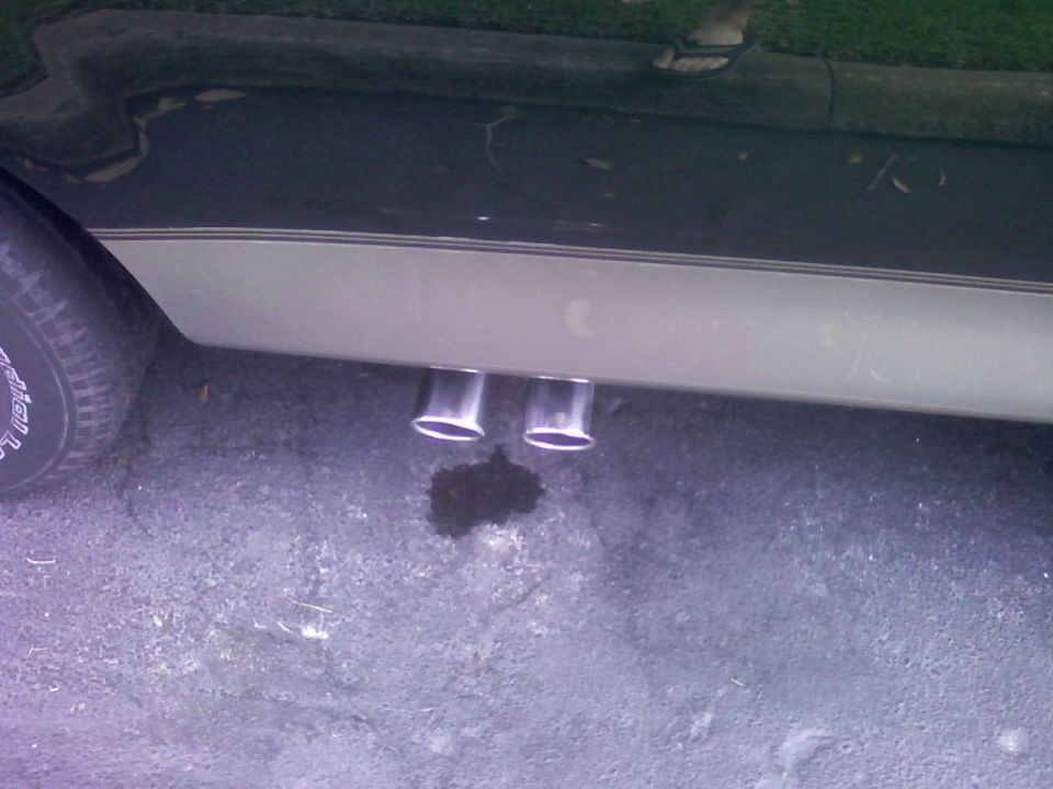 Dual polished side-exit exhaust tips under the rocker of a two-tone truck