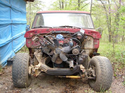 1976 Ford F-100 - Front view of a 1976 Ford F-100 with its engine compartment open, showing the chassis and suspension.