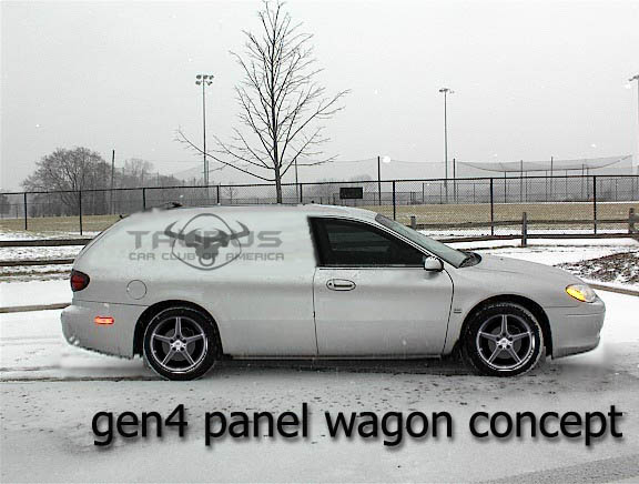 Silver panel wagon concept car side view in snow, with 'Taurus Car Club America' logo on the side