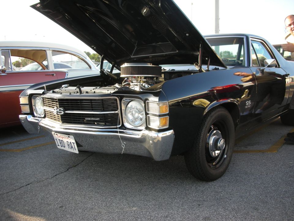 Black 1972 Chevrolet El Camino SS with hood open, showing engine. California plate reads LBD RAT