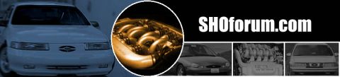 1993 Ford Taurus - The image features a prominent intake manifold and the website SHOforum.com, alongside smaller vehicle images.