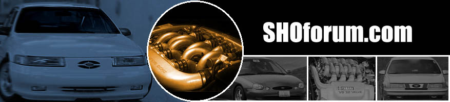Close-up of a gold-colored intake manifold, with a white car and other images on a black background with SHOforum.com text