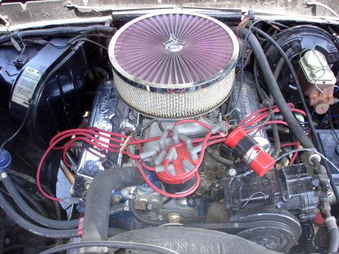 1979 Ford F-250 - Close-up view of a Ford V8 engine, likely from the 1970s, with an aftermarket air filter.