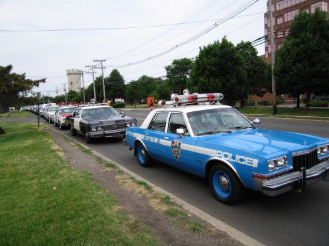 1991 Ford LTD Crown Victoria - blue and white POLICE sedan with a roof light bar and gold shield heads a long roadside line of vintage patrol cars on a grassy verge.