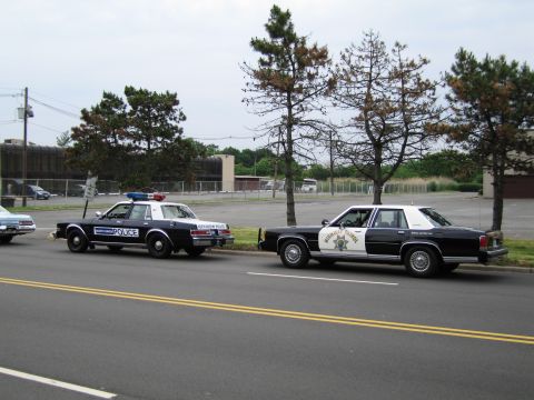 1991 Ford LTD Crown Victoria - Two black-and-white police sedans with roof lightbars are parked along a wide divided road bordering an open lot.