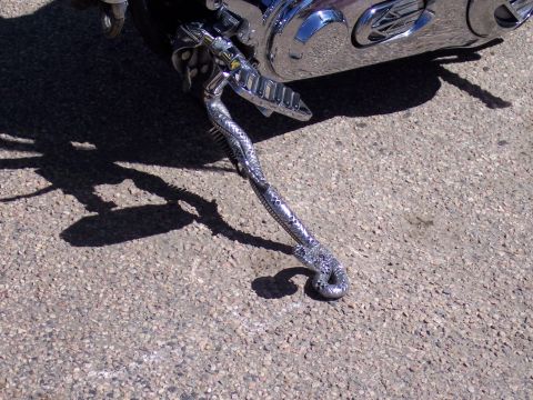 1972 Ford Ranchero - Custom motorcycle kickstand features a detailed snake design.