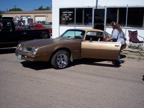 1972 Ford Ranchero - A brown 1977 Pontiac Firebird is parked on asphalt with its door open.