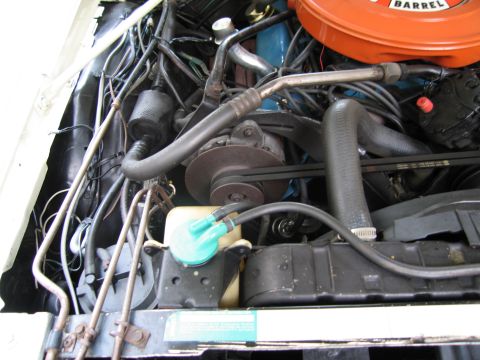 1991 Ford LTD Crown Victoria - close-up of a classic car engine showing belts, pulleys, hoses and a green-capped reservoir below an orange air cleaner.