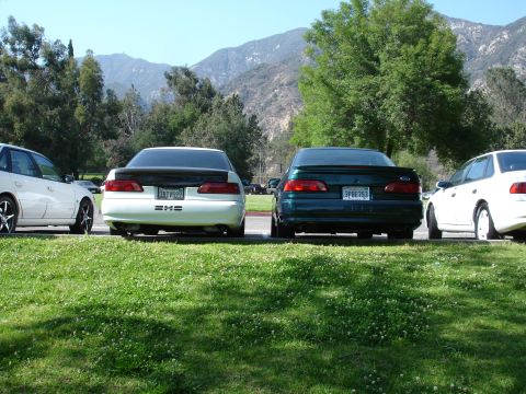 1993 Ford Taurus - Two sedans are parked on a grassy area with mountains in the background.