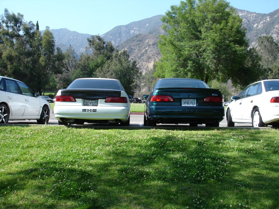 White sedan with black spoiler and green sedan parked rear-end to camera on grassy area