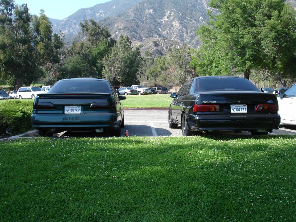 Rear view of a green 1993 Ford Taurus and a black 1993 Ford Taurus parked side-by-side