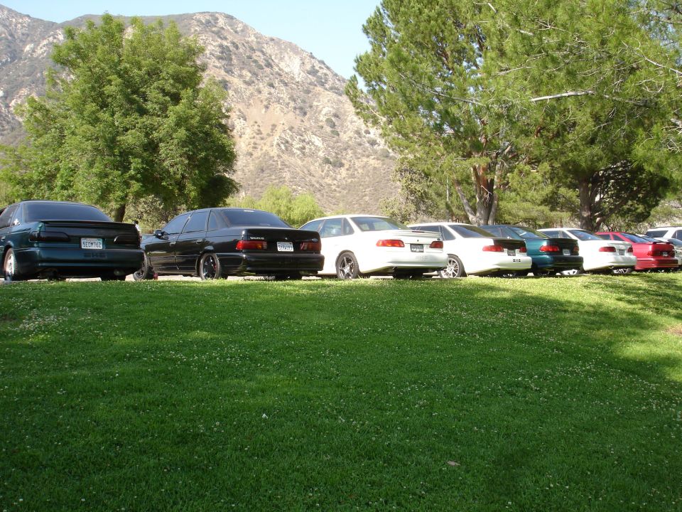 Dark green 1993 Ford Taurus rear view, parked on grass with mountains in background