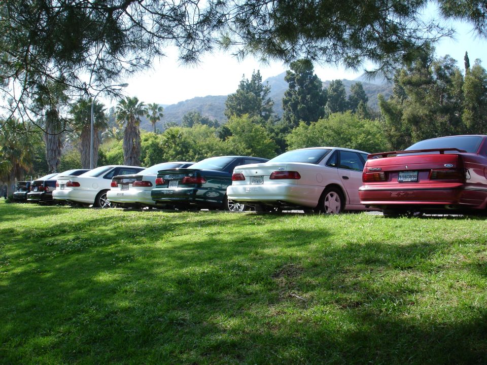 Several cars parked in a row on a grassy hill, with trees and mountains in the background. The red car in the foreground has a spoiler