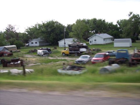 1972 Ford Ranchero - A collection of vehicles sits in a grassy junkyard under an overcast sky.