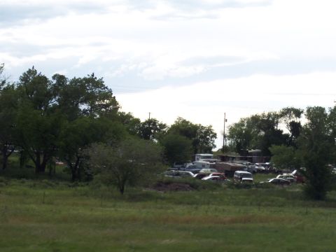 1972 Ford Ranchero - A collection of vehicles, including cars and trailers, are parked in a grassy lot with trees in the background under an overcast sky.