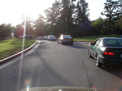 1993 Ford Taurus - A line of cars drives down a road with a grassy embankment on the left.