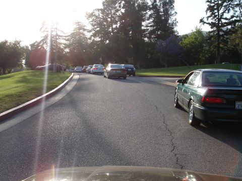 1993 Ford Taurus - Multiple cars are parked or driving on a road with trees and a grassy hill in the background.