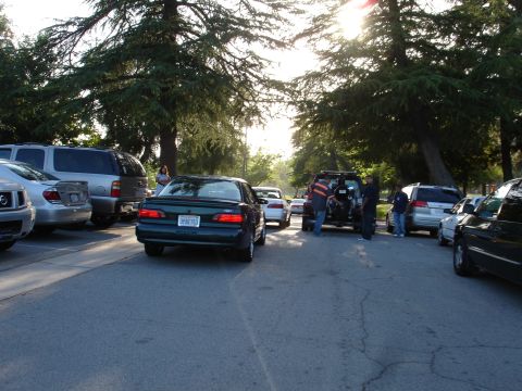 1993 Ford Taurus - Several vehicles are parked in a lot with trees overhead and the sun shining.