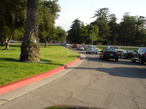 1993 Ford Taurus - A line of cars drives down a road bordered by grass and trees on a sunny day.