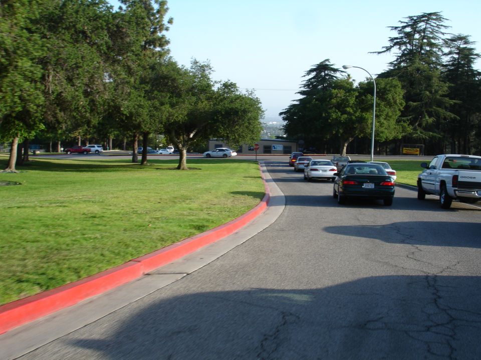 Several cars and a white pickup truck drive on a road next to a grassy area with trees