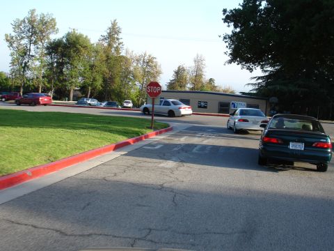 1993 Ford Taurus - Cars are stopped at a stop sign on a street with a building and trees visible.