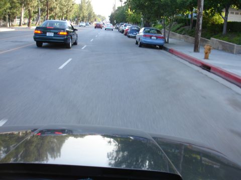 1993 Ford Taurus - A dark green 1993 Ford Taurus sedan is seen from the perspective of a following vehicle on a suburban street.