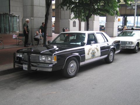 1991 Ford LTD Crown Victoria - black-and-white Highway Patrol sedan with front push bar and gold star door shield is parked curbside outside a building.