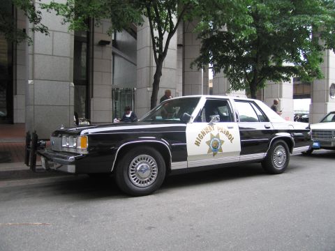 1991 Ford LTD Crown Victoria - black-and-white Highway Patrol sedan with front push bar and star door shield sits curbside beneath street trees.