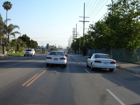 1993 Ford Taurus - Two white sedans are seen from behind driving down a suburban street with palm trees and power lines.
