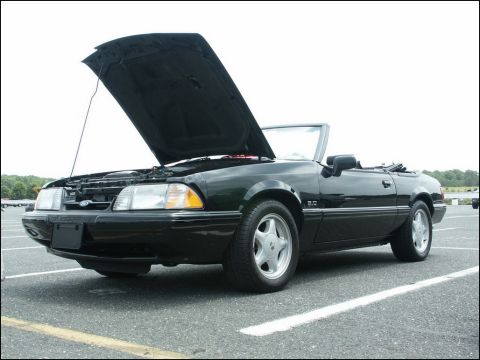2001 Mercury Grand Marquis - A black convertible Mustang is parked with its hood up, revealing the engine compartment.