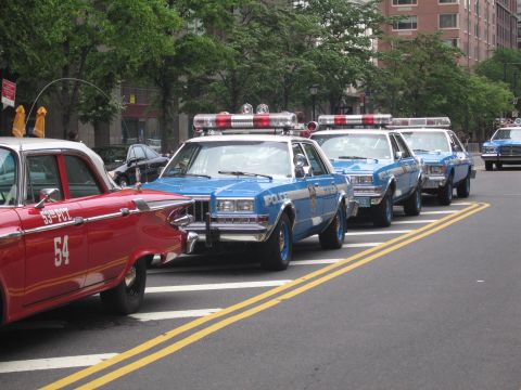 1991 Ford LTD Crown Victoria - row of blue NYPD police sedans with red-and-blue roof lightbars lines up behind a red car numbered 54 on a tree-lined city street.