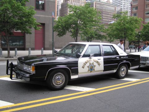 1991 Ford LTD Crown Victoria - black-and-white Highway Patrol sedan with a front push bar and gold star door emblem sits on a city street as a man walks past.