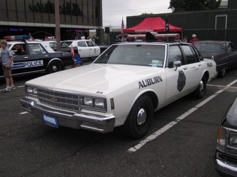 1991 Ford LTD Crown Victoria - white Chevrolet sedan marked AUBURN police with a roof lightbar sits among other patrol cars at an outdoor show.
